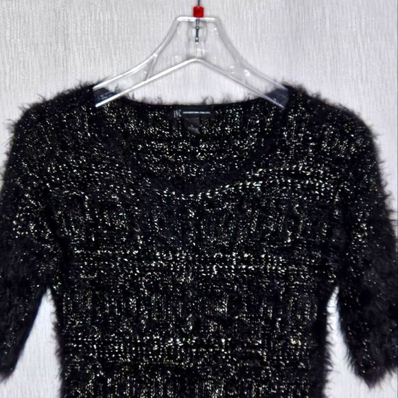 INC International Concepts Black & Gold Eyelash Knit Short Sleeve Knit Sweater - Picture 2 of 7